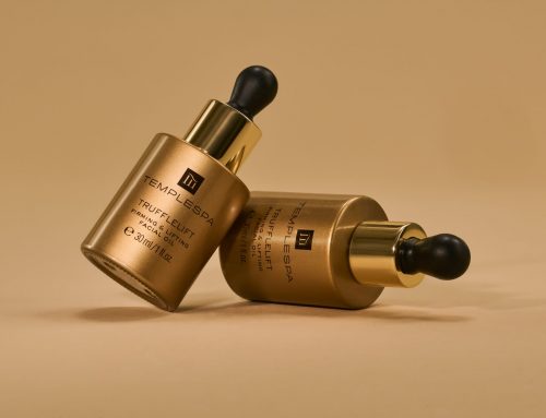 Templespa – Trufflelift 30ml sprayed opaque colour matched glass bottle with silk screen printing plus dropper with gold aluminium collar and black TPE bulb